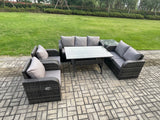 Fimous Dark Grey PE Wicker Rattan Garden Furniture Set Reclining Chair Love Sofa 2 Seater Sofa Set Outdoor Rectangular Dining Table Side Table 7 Seater