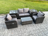 Fimous 6 PC Outdoor PE Rattan Garden Furniture Set Wicker Love Sofa Coffee Table 2 Armchair 2 Side Tables Dark Grey Mixed