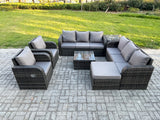 Fimous High Back Rattan Garden Furniture Set with Square Coffee Table Big Footstool Side Table Indoor Outdoor Patio Lounge Sofa Set Dark Grey Mixed