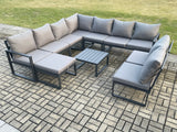 Fimous 10 Seater Patio Outdoor Garden Furniture Aluminium Lounge Corner Sofa Set with Square Coffee Table with Big Footstool Dark Grey