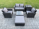 Fimous 6 PCS Outdoor Lounge Sofa Set Wicker PE Rattan Garden Furniture Set with Armchair Square Coffee Table Double Seat Sofa Big Footstool Side Table Dark Grey Mixed