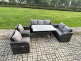 Fimous 7 Seater Lounge Rattan Sofa Set Outdoor Garden Furniture Oblong Rectangular Dining Table With Adjustable Chair Love Sofa Dark Grey Mixed