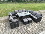 Fimous Wicker Rattan Garden Furniture Set Gas Fire Pit Dining Table Indoor Outdoor with 2 Side Tables Chair Loveseat Sofa 2 Small Footstools