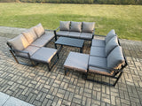 Fimous Aluminium Outdoor Garden Furniture Set Lounge Sofa Oblong Coffee Table 2 PC Big Footstool Sets with Cushions Dark Grey 11 Seater