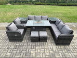 Fimous Wicker Rattan Garden Furniture Set Gas Fire Pit Dining Table Indoor Outdoor with 2 Side Tables Chair Loveseat Sofa 2 Small Footstools