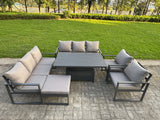 Fimous Garden Aluminium Furniture Set Dark Grey 9 Seater Outdoor Patio Adjustable Rising Lifting Dining Table with 2 Chairs Big Footstool Dark Grey