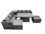 Fimous 8 Seater Outdoor Corner Sofa Height Adjustable Rising Lifting Table Set Garden Rattan Furniture Set with 2 Big Stools Side Table Dark Grey