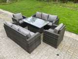 Fimous Outdoor Rattan Garden Furniture Sofa Set Lounge Sofa Dining Table Height Adjustable Rising Lifting Table Reclining Arm Chairs 8 Seater