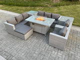 Fimous Light Grey Rattan Fire Pit Garden Furniture Set Gas Heater Burner Lounge Sofa Dining Set 2 Coffee Table Chairs Footstool