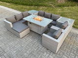 Fimous Light Grey Rattan Fire Pit Garden Furniture Set Gas Heater Burner Lounge Sofa Dining Set 2 Coffee Table Chairs Footstool