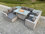 Fimous Light Grey Rattan Fire Pit Garden Furniture Set Gas Heater Burner Lounge Sofa Dining Set 2 Coffee Table Chairs Footstool