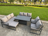 Fimous Garden Aluminium Furniture Set Dark Grey 9 Seater Outdoor Patio Adjustable Rising Lifting Dining Table with 2 Chairs Big Footstool Dark Grey