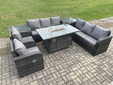 Fimous Patio Rattan Garden Furniture Set with Fire Pit Table,Chair and Side Table 8 Seater Outdoor Indoor Lounge Sofa Set Dark Grey Mixed