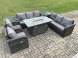 Fimous Patio Rattan Garden Furniture Set with Fire Pit Table,Chair and Side Table 8 Seater Outdoor Indoor Lounge Sofa Set Dark Grey Mixed