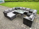 Fimous Wicker Rattan Outdoor Furniture Lounge Sofa Garden Dining Set with Dining Table 2 Side Tables Big Footstool Armchairs 9 Seater Dark Grey Mixed