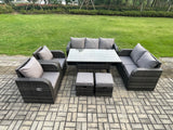 Fimous 9 Seater Lounge Rattan Sofa Set Outdoor Garden Furniture Oblong Rectangular Dining Table With Adjustable Chair Love Sofa 2 Small Footstools Dark Grey Mixed