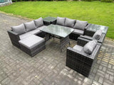 Fimous Wicker Rattan Outdoor Furniture Lounge Sofa Garden Dining Set with Dining Table 2 Side Tables Big Footstool Armchairs 9 Seater Dark Grey Mixed