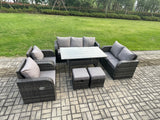 Fimous 9 Seater Lounge Rattan Sofa Set Outdoor Garden Furniture Oblong Rectangular Dining Table With Adjustable Chair Love Sofa 2 Small Footstools Dark Grey Mixed