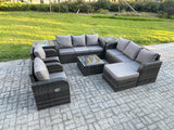 Fimous High Back Rattan Garden Furniture Set with Square Coffee Table 2 Side Tables Big Footstool Indoor Outdoor Patio Lounge Sofa Set Dark Grey Mixed