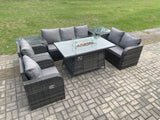 Fimous 7 Seater PE Wicker Outdoor Rattan Garden Furniture Set Propane Gas Fire Pit Table and Sofa Chair set with 2 Side Tables
