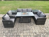 Fimous 7 Seater PE Wicker Outdoor Rattan Garden Furniture Set Propane Gas Fire Pit Table and Sofa Chair set with 2 Side Tables