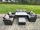 Fimous Dark Grey PE Wicker Rattan Garden Furniture Set Reclining Chair Love Sofa 2 Seater Sofa Set Outdoor Rectangular Dining Table Big Stools 8 Seater