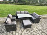 Fimous Dark Grey PE Wicker Rattan Garden Furniture Set Reclining Chair Love Sofa 2 Seater Sofa Set Outdoor Rectangular Dining Table Big Stools 8 Seater