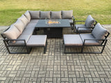 Fimous Aluminium 11 Seater Garden Furniture Outdoor Set Patio Lounge Sofa Gas Fire Pit Dining Table Set with 2 Chair 2 Big Footstools Dark Grey