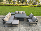 Fimous Garden Aluminium Furniture Set Dark Grey 9 Seater Outdoor Patio Adjustable Rising Lifting Dining Table with 2 Chairs Side Table Big Footstool Dark Grey