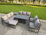 Fimous Garden Aluminium Furniture Set Dark Grey 9 Seater Outdoor Patio Adjustable Rising Lifting Dining Table with 2 Chairs Side Table Big Footstool Dark Grey