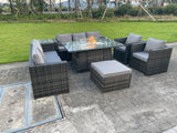 Fimous 9 Seater Outdoor Rattan Garden Furniture Gas Fire Pit Table Sets Gas Heater Lounge Chairs Dark Grey Big Footstool