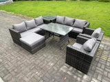 Fimous 9 Seater Wicker Rattan Outdoor Furniture Lounge Sofa Garden Dining Set with Dining Table 2 Armchairs Side Tables Big Footstool Dark Grey Mixed