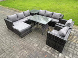 Fimous 9 Seater Wicker Rattan Outdoor Furniture Lounge Sofa Garden Dining Set with Dining Table 2 Armchairs Side Tables Big Footstool Dark Grey Mixed