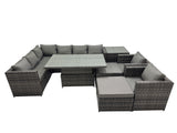 Fimous 10 seater Height Adjustable Rising Lifting Table Corner Sofa Set Rattan Garden Furniture Dining Set with 2 Big Stools Side Table Dark Grey Mixed