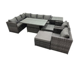 Fimous 10 seater Height Adjustable Rising Lifting Table Corner Sofa Set Rattan Garden Furniture Dining Set with 2 Big Stools Side Table Dark Grey Mixed
