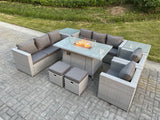 Fimous Light Grey Rattan Fire Pit Garden Furniture Set Gas Heater Burner Lounge Sofa Dining Set 2 Coffee Table Chairs Stools