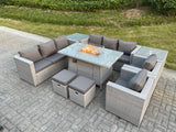 Fimous Light Grey Rattan Fire Pit Garden Furniture Set Gas Heater Burner Lounge Sofa Dining Set 2 Coffee Table Chairs Stools