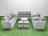 Fimous PE Rattan High Back Lounge Sofa Set Patio Square Coffee Table & Chairs Set with 3 Seater Sofa Reclining Chair Stools Side Table Light Grey