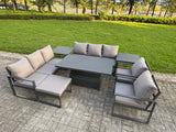 Fimous Garden Aluminium Furniture Set Dark Grey 9 Seater Outdoor Patio Adjustable Rising Lifting Dining Table with 2 Chairs 2 Side Tables Big Footstool Dark Grey