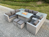 Fimous Light Grey Rattan Fire Pit Garden Furniture Set Gas Heater Burner Lounge Sofa Dining Set 2 Coffee Table Chairs Stools