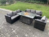 Fimous Outdoor Rattan Garden Furniture Sofa Set Gas Fire Pit Dining Table Gas Heater Burner With Armchair 7 Seater Dark Grey Mixed