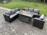 Fimous Outdoor Rattan Garden Furniture Sofa Set Gas Fire Pit Dining Table Gas Heater Burner With Armchair 7 Seater Dark Grey Mixed