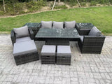 Fimous Wicker PE Rattan Garden Furniture Sofa Set Outdoor Adjustable Rising Lifting Dining Table Set with Armchairs 2 Side Tables 3 Footstools 8 Seater Dark Grey Mixed