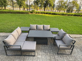 Fimous Garden Aluminium Furniture Set Dark Grey 9 Seater Outdoor Patio Adjustable Rising Lifting Dining Table with 2 Chairs 2 Side Tables Big Footstool Dark Grey