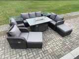 Fimous PE Wicker Outdoor Rattan Garden Furniture Set Propane Gas Fire Pit Table and Sofa Chair set with 2 Side Tables 2 Big Footstool