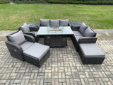 Fimous PE Wicker Outdoor Rattan Garden Furniture Set Propane Gas Fire Pit Table and Sofa Chair set with 2 Side Tables 2 Big Footstool