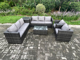 Fimous 8 Seater Outdoor Lounge Sofa Set Wicker PE Rattan Garden Furniture Set with 2 Armchair Oblong Coffee Table Side Table Dark Grey Mixed