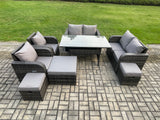 Fimous Outdoor Rattan Garden Furniture 8 piece Grey Patio Furniture Set 9 Seater Lounge Sofa Set with Rectangular Table Reclining Chairs 3 Stools