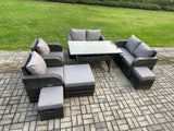 Fimous Outdoor Rattan Garden Furniture 8 piece Grey Patio Furniture Set 9 Seater Lounge Sofa Set with Rectangular Table Reclining Chairs 3 Stools