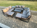 Fimous Aluminium Outdoor Garden Furniture Set Lounge Sofa Oblong Coffee Table 2 PC Big Footstool 2 Side Tables Sets with Cushions Dark Grey 11 Seater